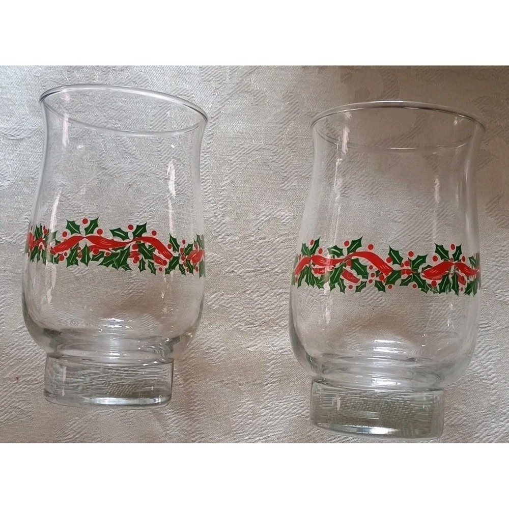 Pair Of Libbey Holly & Berry Tumblers Eggnog Clear Glasses Christmas Holiday